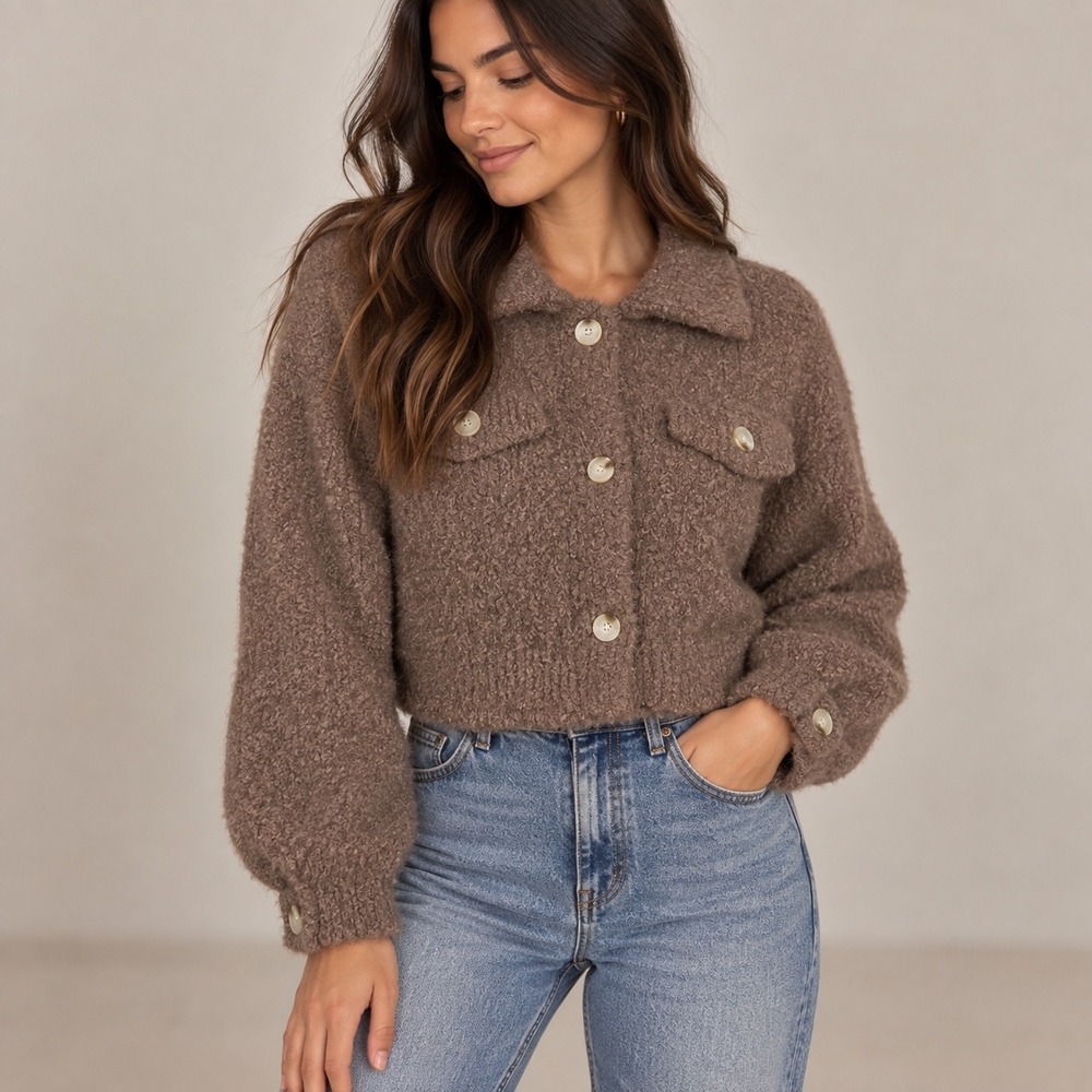 Mable Brown Fuzzy Boucle Cropped Sweater Jacket Teddy Shacket Small